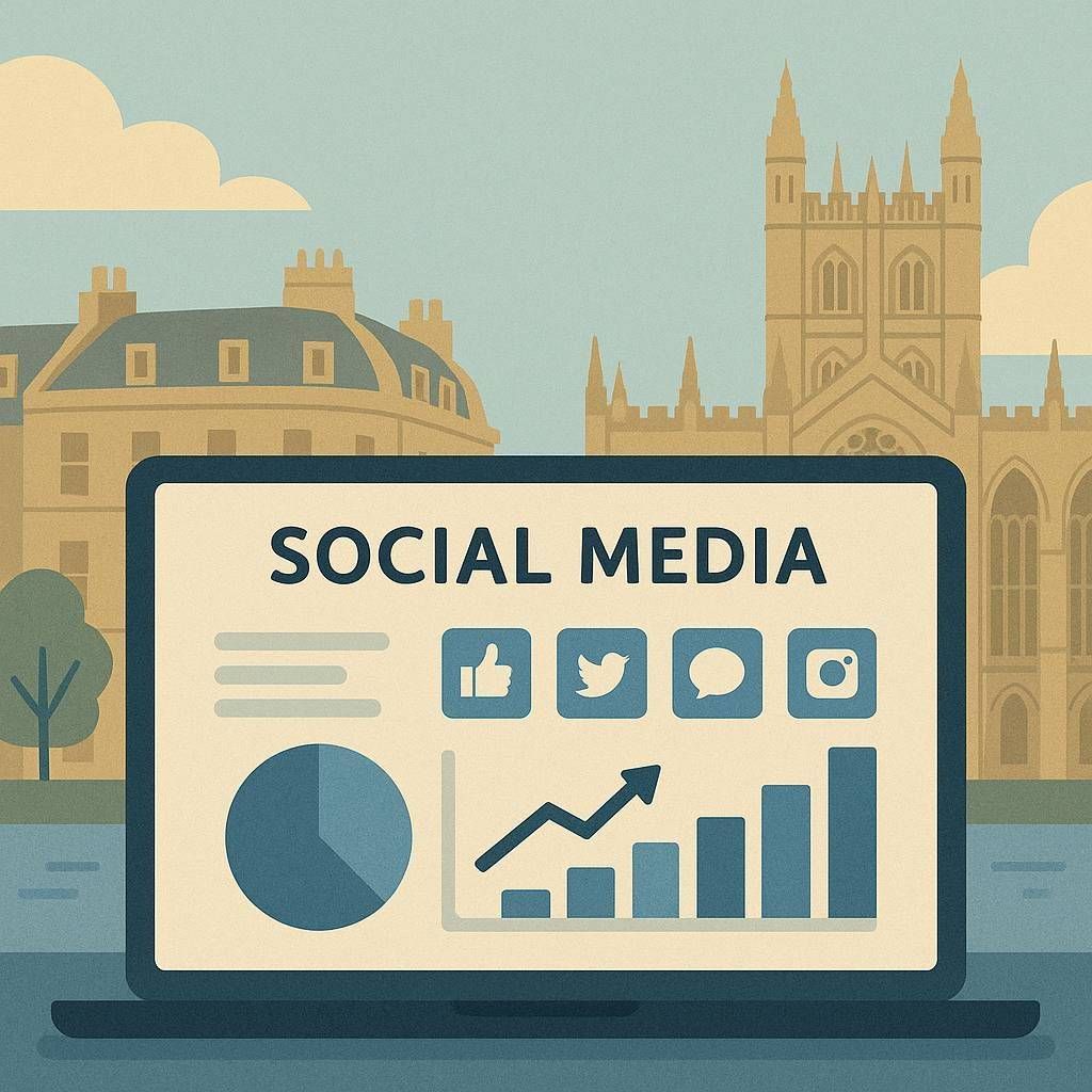 Illustration of a social analytics dashboard with Bath skyline