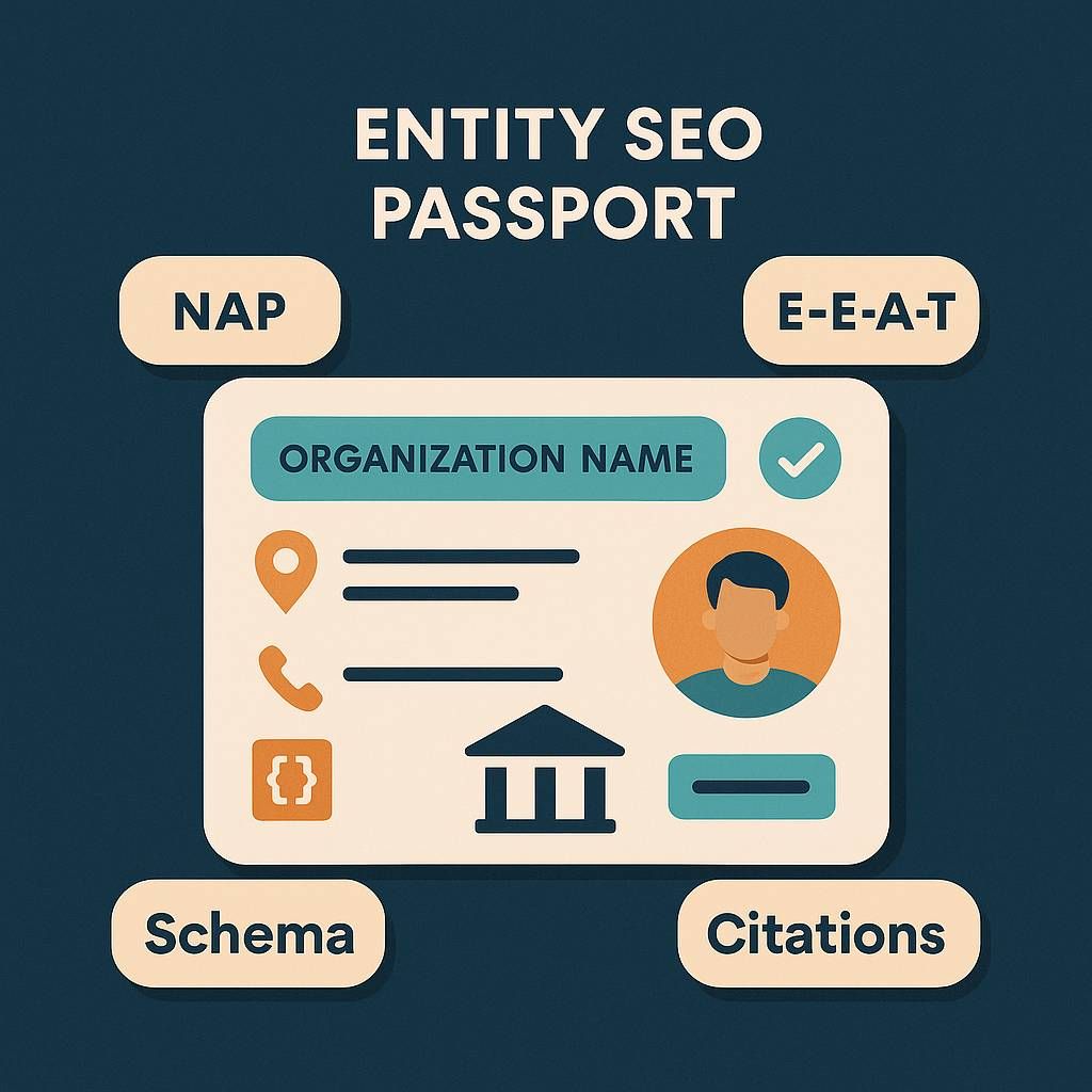 Radial diagram: your site at the centre feeding AI Overviews, Copilot, chat search, social, maps with clean, structured reference pages